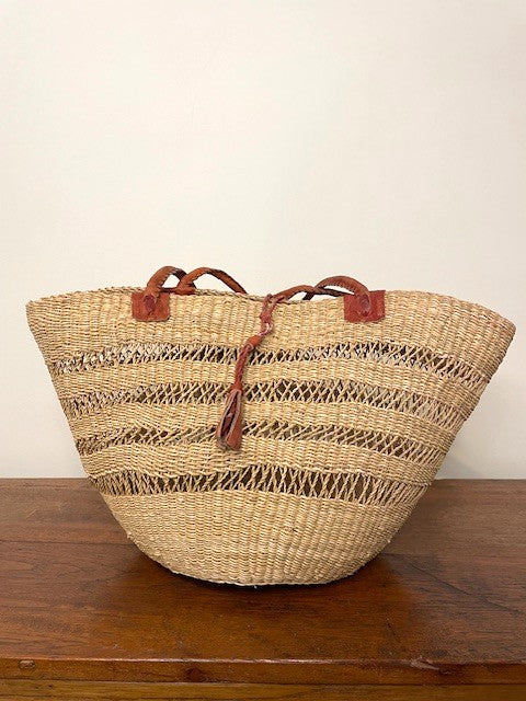 West African Market Bag – Elephant Grass & Brown Leather Handles (Small, Long Handles)