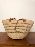 West African Market Bag – Elephant Grass & Brown Leather Handles (Small, Long Handles)
