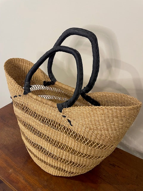 West African Open Weave Market Bag – Elephant Grass & Black Leather Handles