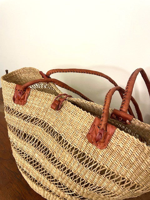 West African Market Bag – Elephant Grass & Brown Leather Handles (Small, Long Handles)