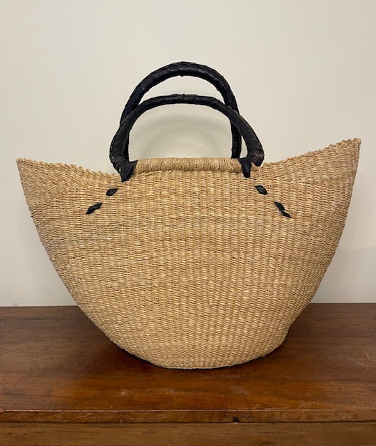 West African Market Bag – Elephant Grass & Black Leather Handles