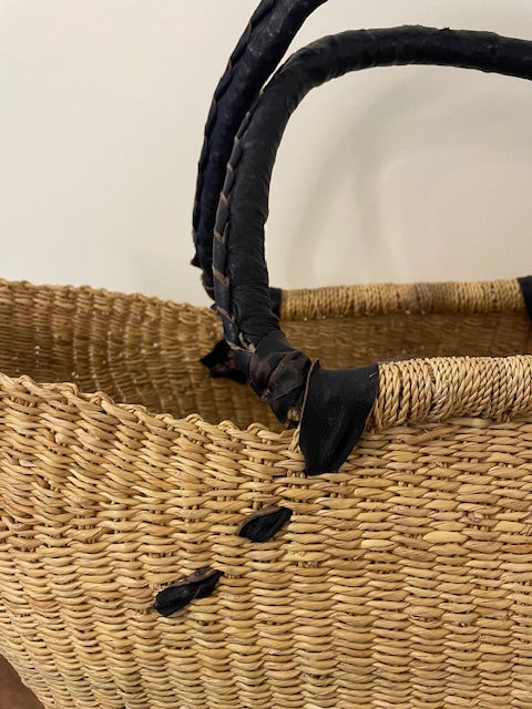 West African Market Bag – Elephant Grass & Black Leather Handles