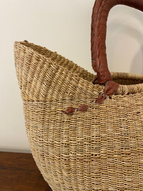 West African Market Bag – Elephant Grass & Brown Leather Handles