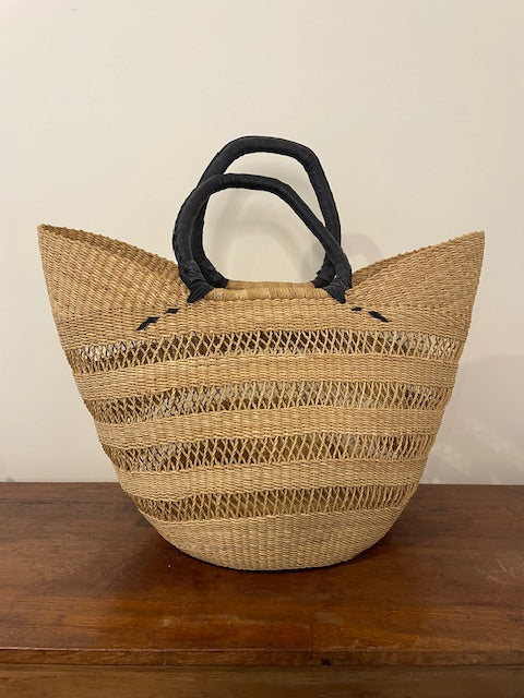 West African Open Weave Market Bag – Elephant Grass & Black Leather Handles