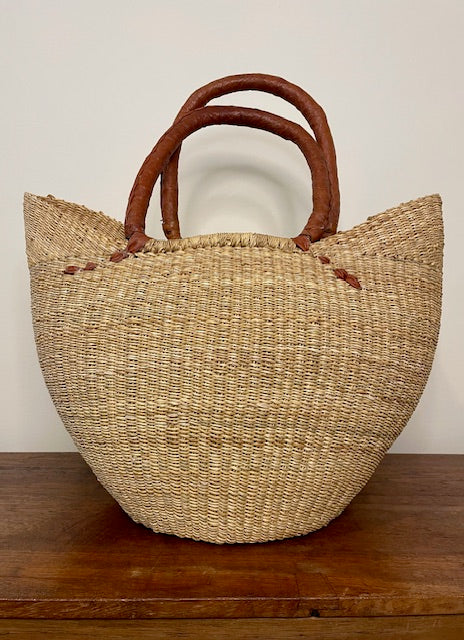 West African Market Bag – Elephant Grass & Brown Leather Handles
