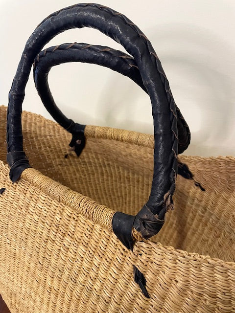 West African Market Bag – Elephant Grass & Black Leather Handles