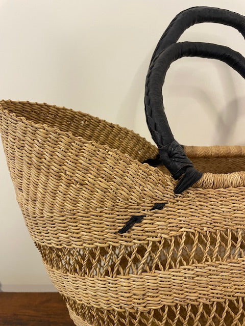 West African Open Weave Market Bag – Elephant Grass & Black Leather Handles