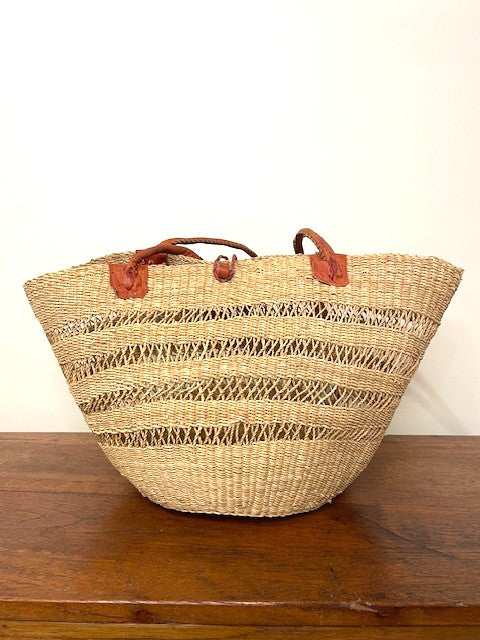 West African Market Bag – Elephant Grass & Brown Leather Handles (Small, Long Handles)