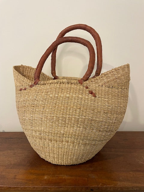 West African Market Bag – Elephant Grass & Brown Leather Handles
