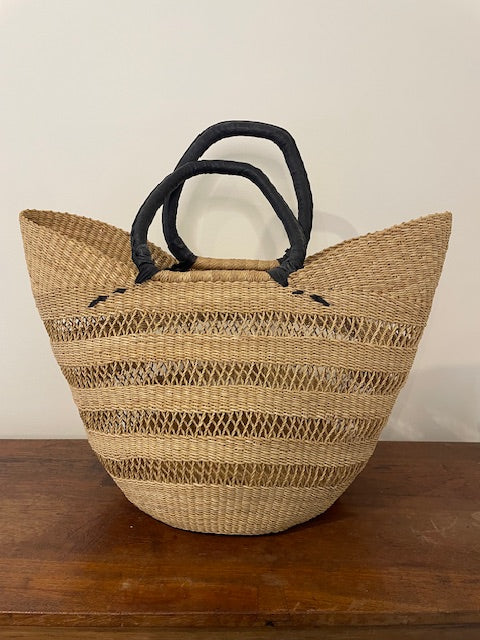 West African Open Weave Market Bag – Elephant Grass & Black Leather Handles