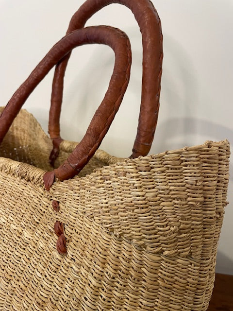 West African Market Bag – Elephant Grass & Brown Leather Handles